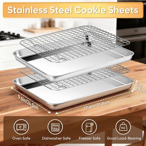 Fire More Stainless Steel Baking Sheet & Cooling Rack Set - 2 Cookie Sheets & Racks, Heavy Duty, Easy Clean, 12.4 x 9.6 x 1 Inch