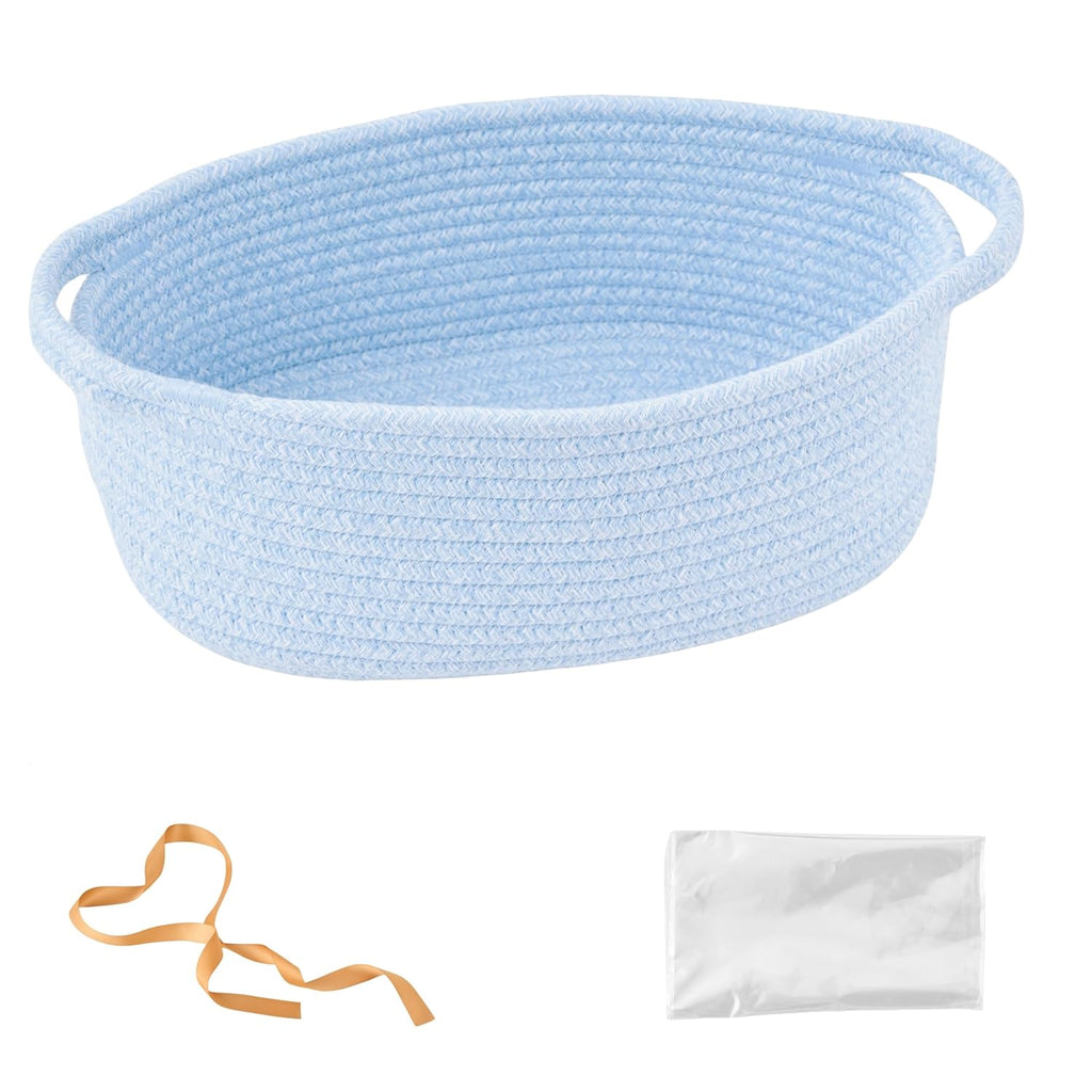 Small Woven Easter Basket by [Brand Name] - Decorative Rope Storage Organizer | Gift Bag & Ribbon Included, 12"x8"x5", Blue
