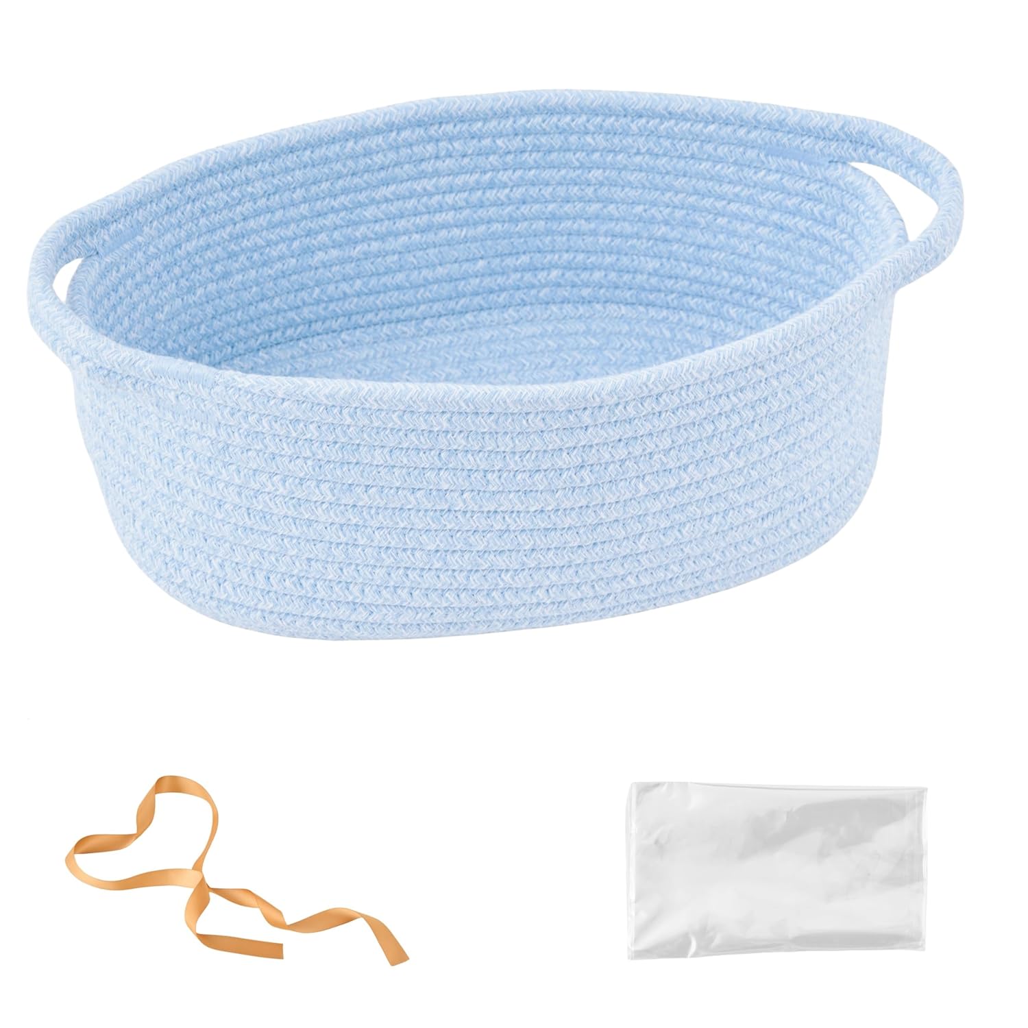 Small Woven Easter Basket by [Brand Name] - Decorative Rope Storage Organizer | Gift Bag & Ribbon Included, 12"x8"x5", Blue