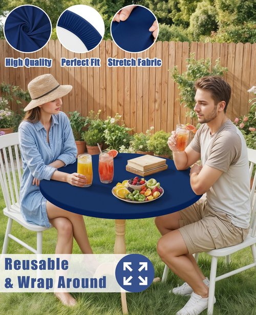 Moosfor Round Spandex Tablecloth, Elastic Fitted Waterproof Tablecloths for 36"-44" Tables, Stretch Washable Picnic Table Cover for Camping, Dining, Indoor and Outdoor, Navy