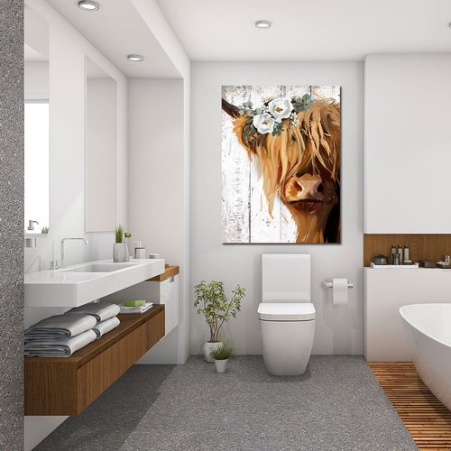 Highland Cow Art and Farmhouse Wall Decor - Country Canvas Printing Rustic Bedroom Decor Retro Yak Wall Art Home Artwork Print Used in Bathroom Office Bedroom Kitchen Dining Room Decorate