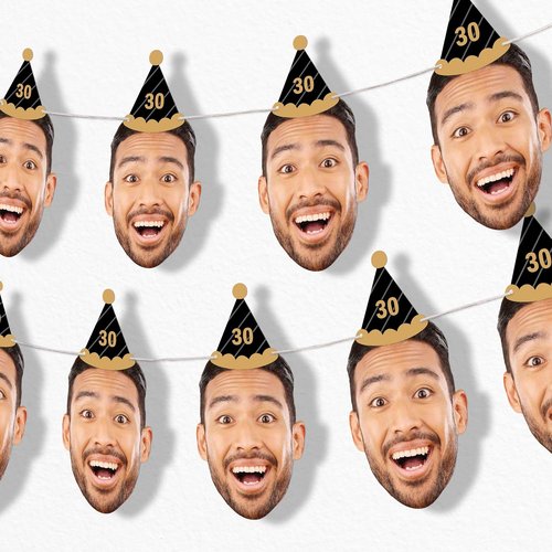 Big Dot of Happiness Black & Gold Birthday Garland Banner - Personalized Face Cut Outs, 30 Feet