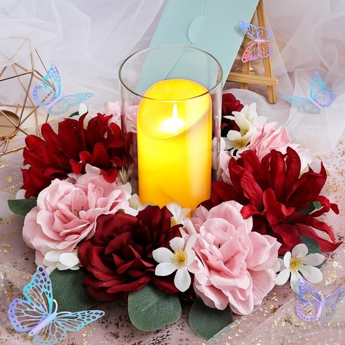Artificial Flower Candle Rings - 6-Inch Rose Floral Wreaths with Butterflies for Wedding Centerpieces | Burgundy & Pink (Set of 2)