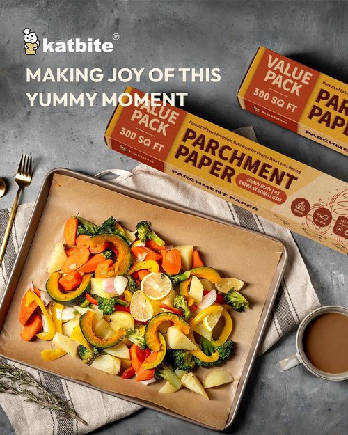 Katbite Unbleached Parchment Paper Roll - 15in x 242ft | Non-Stick Baking & Cooking with Serrated Cutter