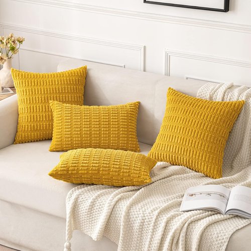 MIULEE Corduroy Throw Pillow Covers - Soft Boho Striped Design | 18x18 Inch Mustard Yellow for Modern Home Decor