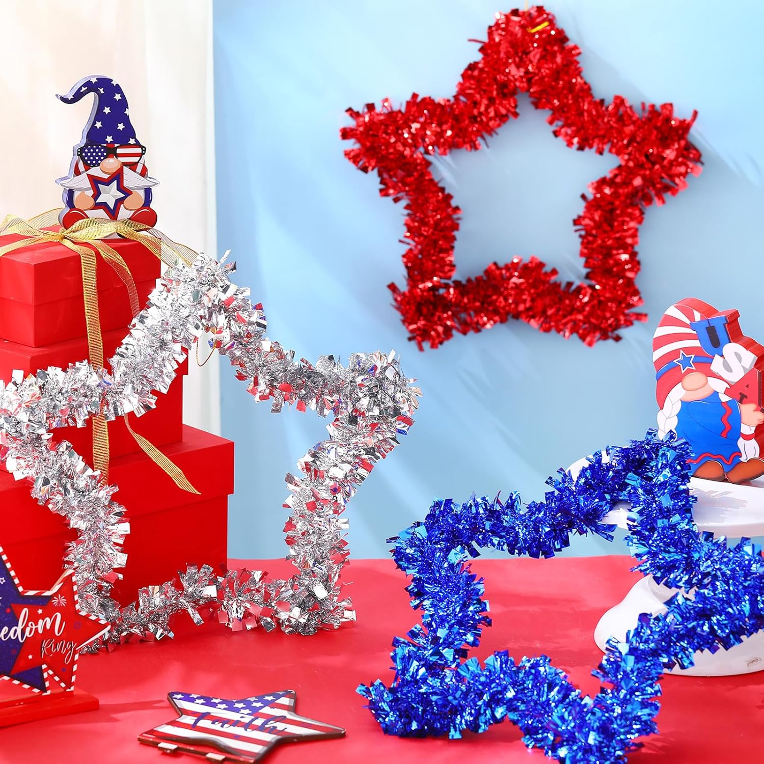 Patriotic Tinsel Wreath by 3 Pcs | 4th of July Red, White, and Blue Garland for Home Decor