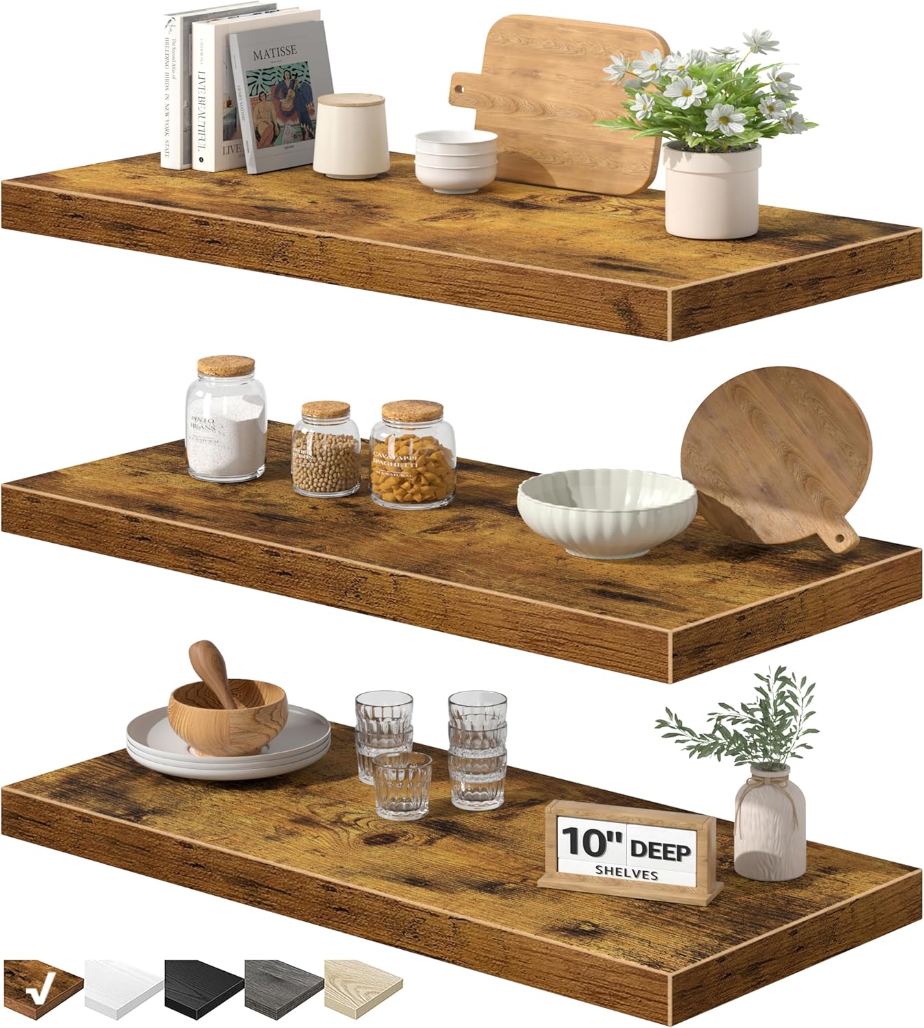 QEEIG 10" Deep Floating Shelves - Rustic Brown Wall-Mounted Bookshelf Set of 3 for Bathroom & Living Room