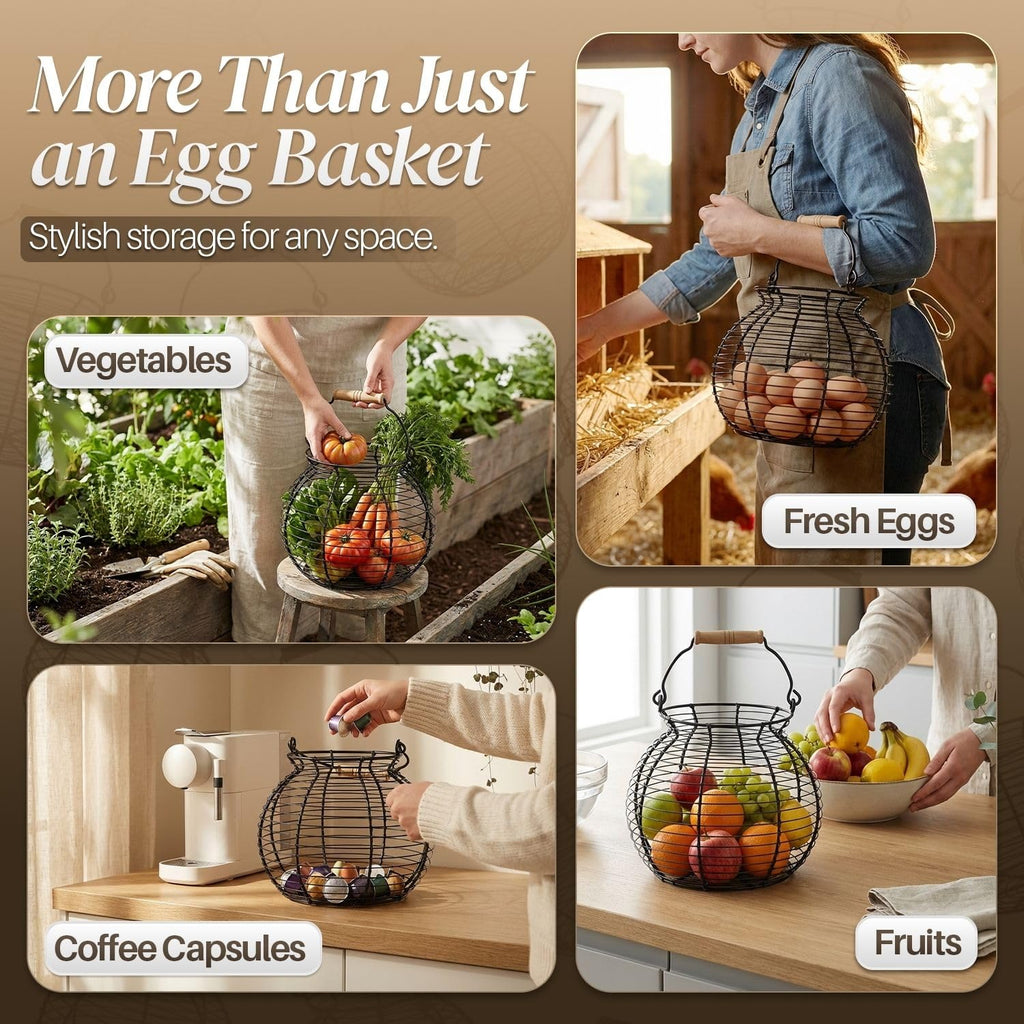 Flexzion Egg Basket for Gathering Fresh Eggs - Round Wire Countertop Egg Holder with Spring Handles, Farmhouse Chicken Eggs Collecting Basket Storage for Countertop, Kitchen Organizer and Farm (Black)