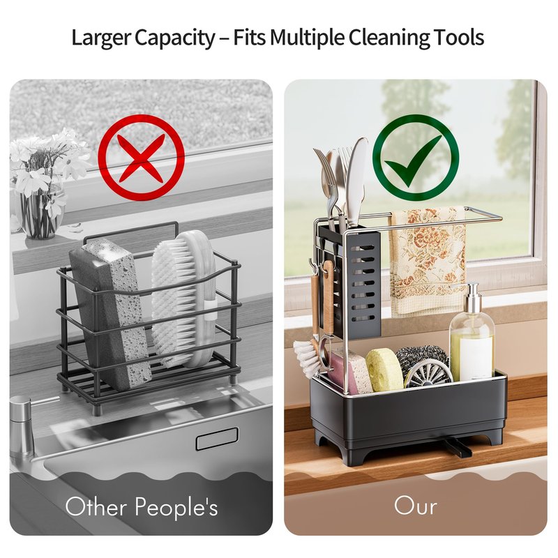 MOUKABAL Sponge Holder for Kitchen Sink, 2-Tier Sink Caddy Organizer with Drain Holes and Hooks, Holds Dishcloth, Sponge & Brushes, Kitchen Countertop Storage for New Home Essentials Black