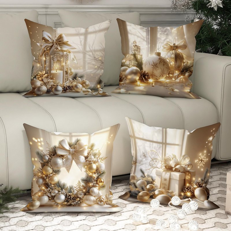 Winter Christmas Pillow Covers Set of 4, Elegant Luxury White Gold Balls Ornament Wreath Throw Pillows Case, Cozy Gift Box Festive Decorative Square Home Sofa Bed Couch Accents Covers 18x18 Inch