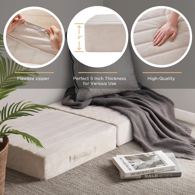 Codi High Density Foam Floor Pillow 2 Sets, Large Meditation Cushions Seating for Adults and Yoga Sitting, Washable Thick Couch Cushion with Soft Tufted Covers - 22 inch Ivory