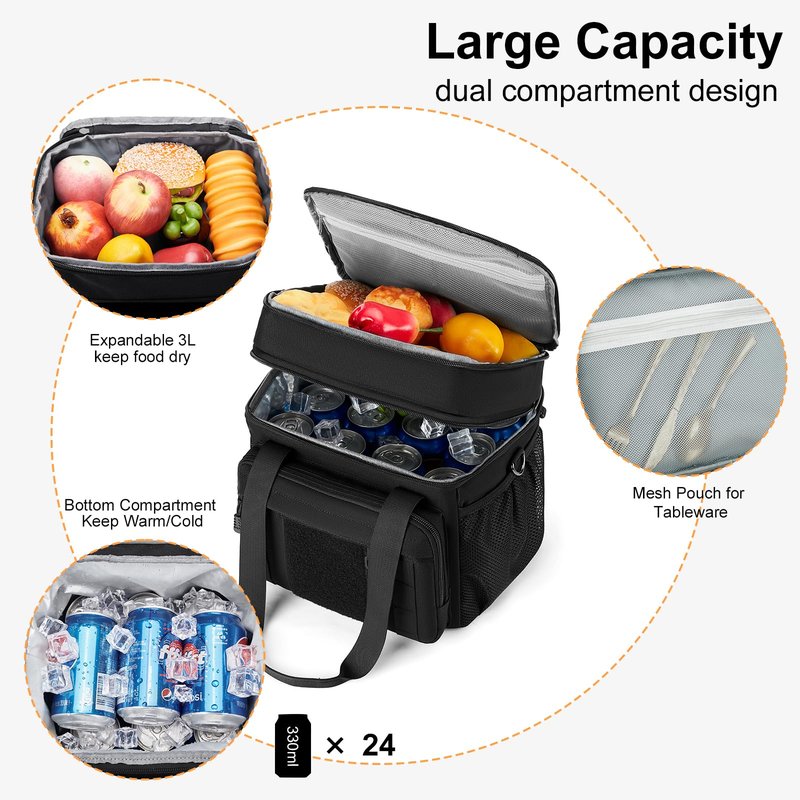 Gafetrey Expandable Large Tactical Lunch Box for Adults, Heavy Duty Durable Lunch Cooler Bag with MOLLE Lunch Pail for Work Camping Fishing Picnic (Black-Camo, 24L)