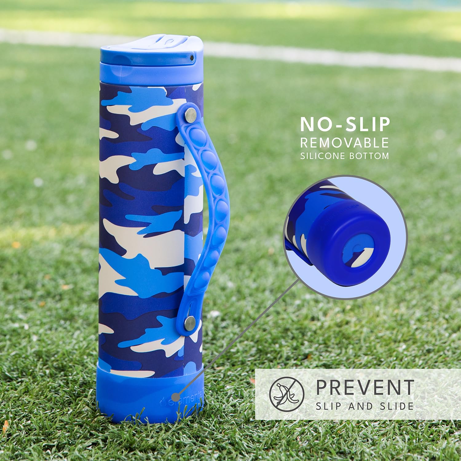Elemental Iconic Kids Water Bottle with Straw Lid & Stress Reliever Pop It Handle, Leak-Proof When Closed, Triple Insulated Stainless Steel Reusable Thermos Water Bottle, 20oz - Blue Camo