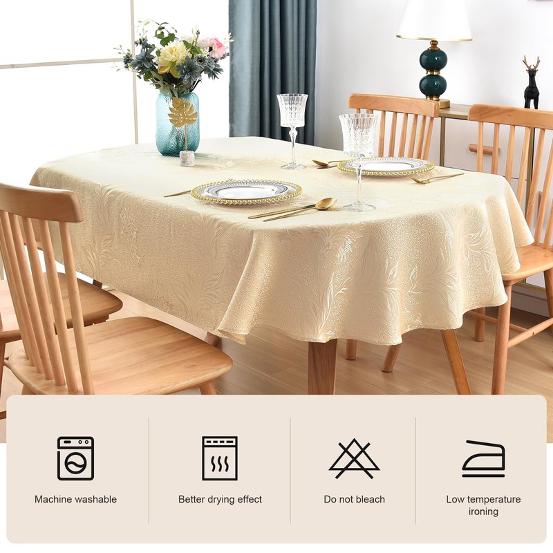 Wolkemer Shiny Oval Jacquard Tablecloth 60 x 84 Inch Beige Floral Countryside Leaves Damask Patterns Table Cloth Glossy Fabric Table Cover for Dinner Kitchen