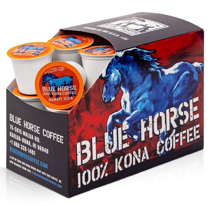 Blue Horse 100% Kona Coffee Pods, Medium Roast, 20ct Single Serve, Compatible with K Cups 2.0, Farm Fresh, Authentic Arabica Beans from Hawaii’s Big Island for a Smooth, Rich Flavor