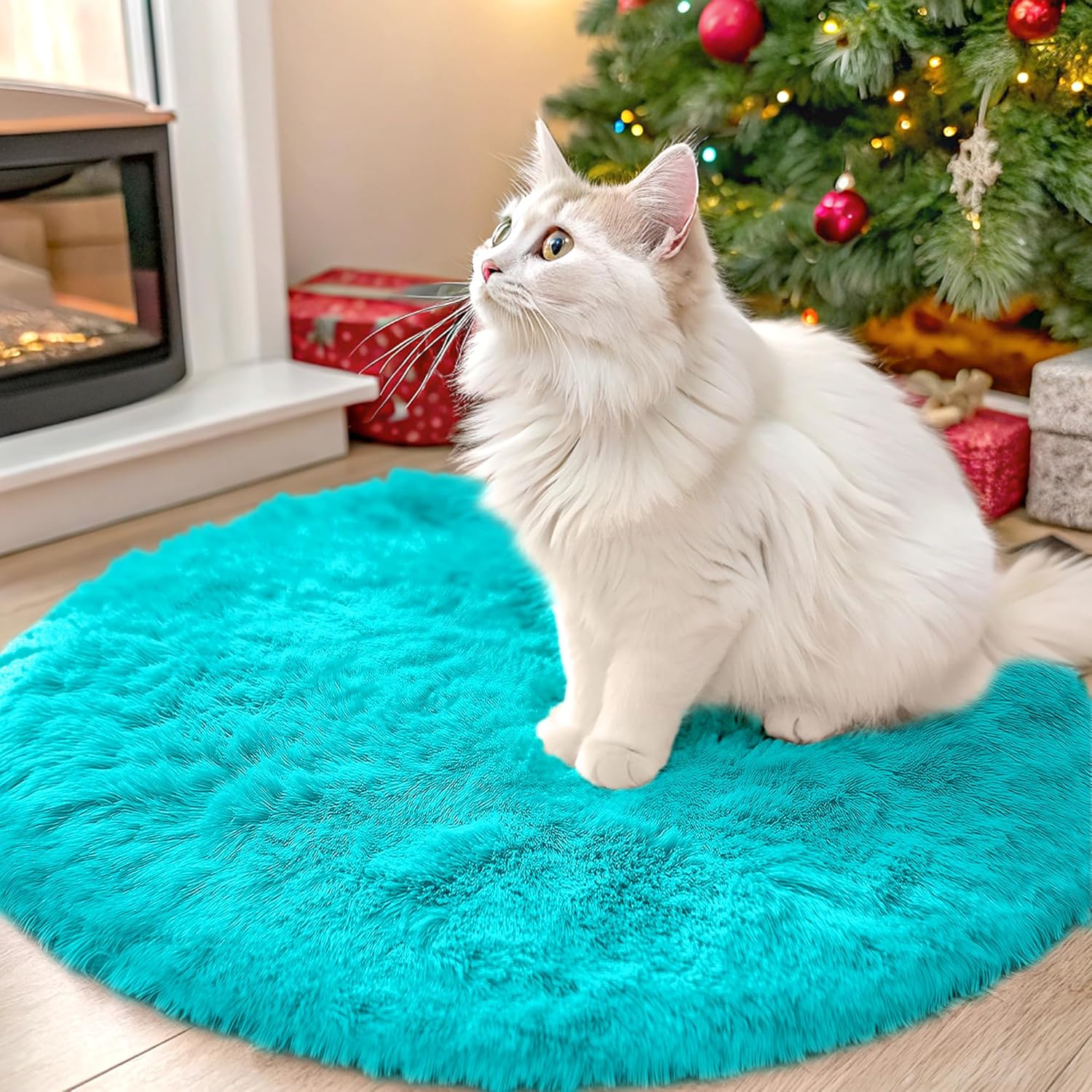 OLANLY Teal Blue Round Rug - Soft & Fluffy Machine Washable 2 ft Circle Area Rug for Bedroom & Living Room