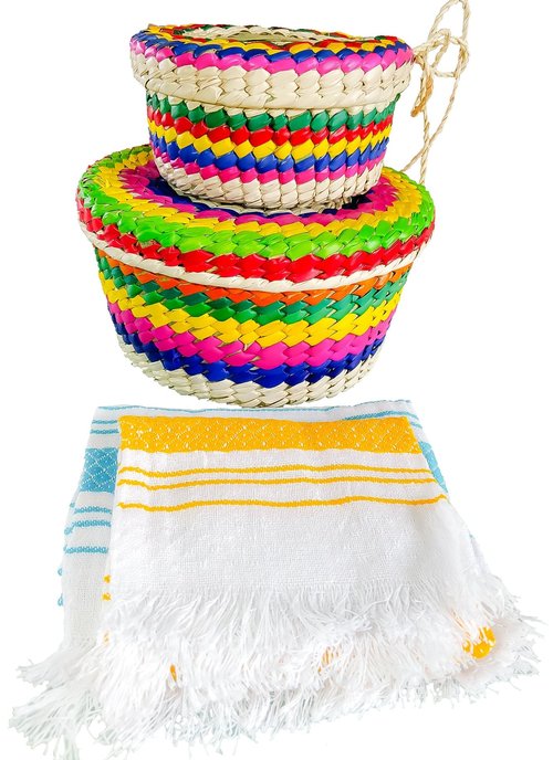 Jacq & Jürgen Handwoven Palm Tortilla Baskets with Cloths – 2 Pack (Medium & Large) – Multicolor Mexican Artisan Eco-Friendly Bundle