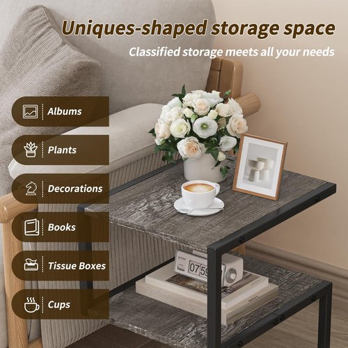 Fxacyem S-Shaped Side Table 3 Tier, Minimalist Nightstand for Small Spaces with Open Storage, Narrow End Table for Living Room Bedroom, Grey