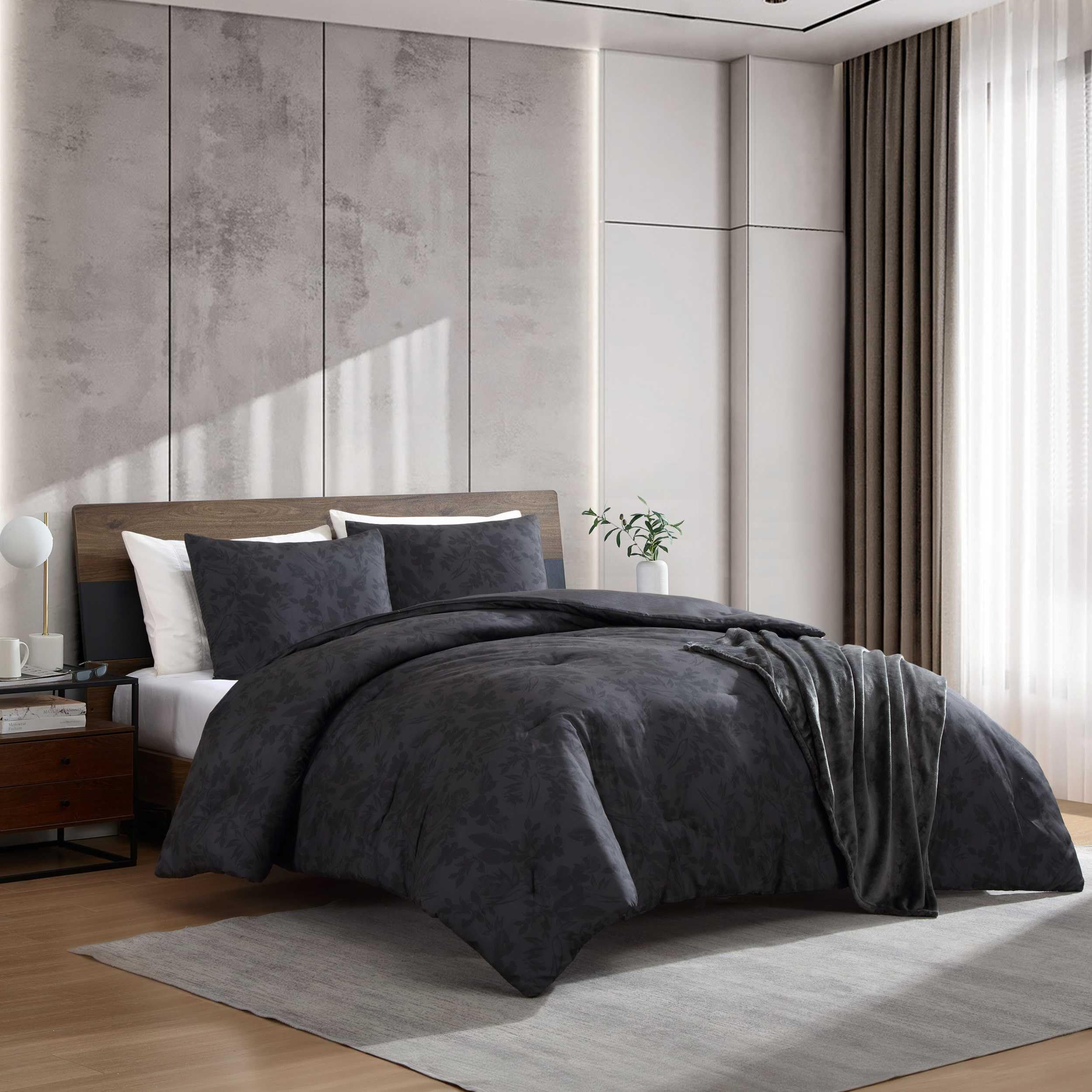 Kenneth Cole - King Comforter Set, Super Soft Bedding with Matching Shams & Bonus Throw, Floral Home Decor, Oeko-Tex Certified (Silhouette Floral Black, King)