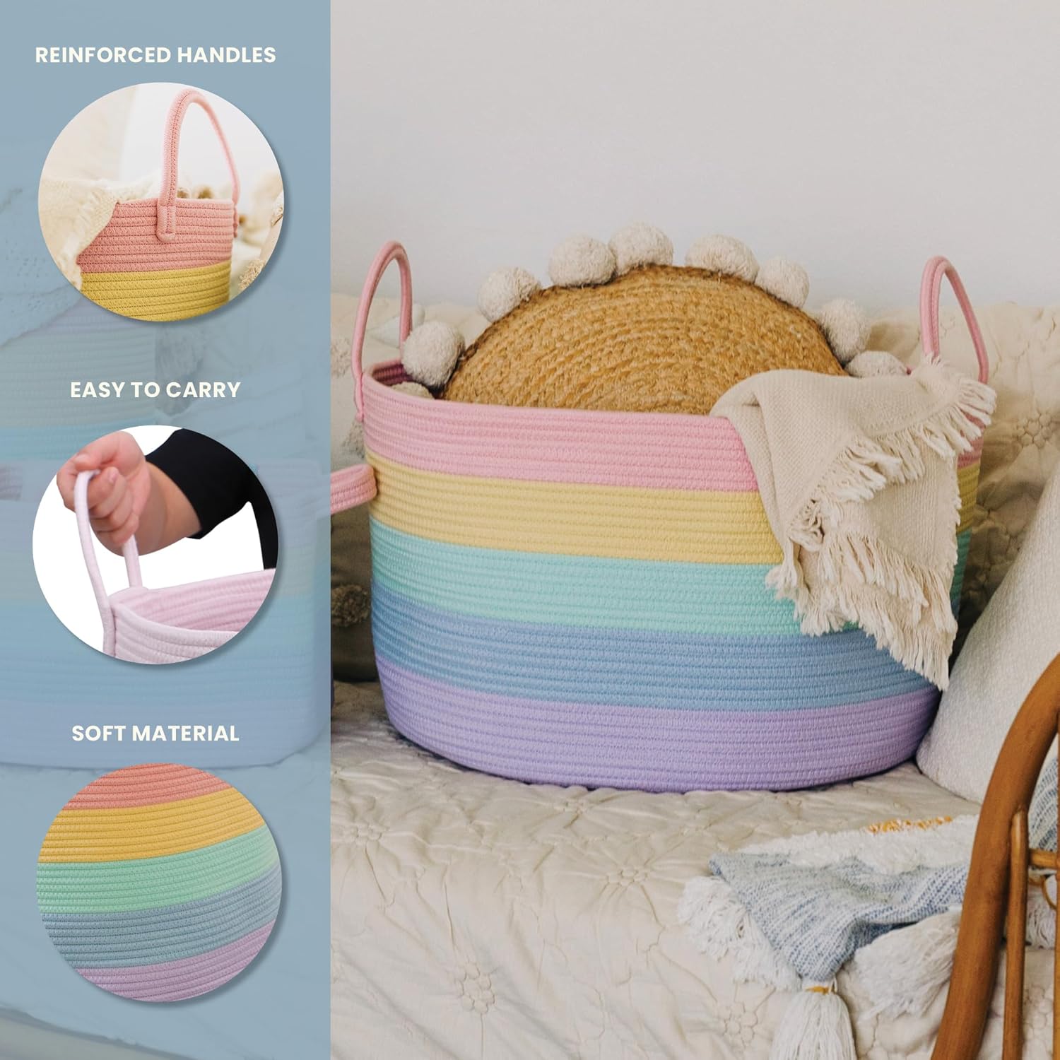 OrganiHaus Rainbow Blanket Basket - Extra Large Woven Toy Organizer & Storage Bin | 20"x13" Soft Round Design