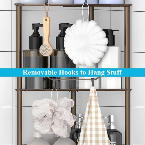 HuggieGems Corner Shower Caddy Organizer - 2 Tier Floor Stand with Hooks | Bronze Bathroom Shelf Rack
