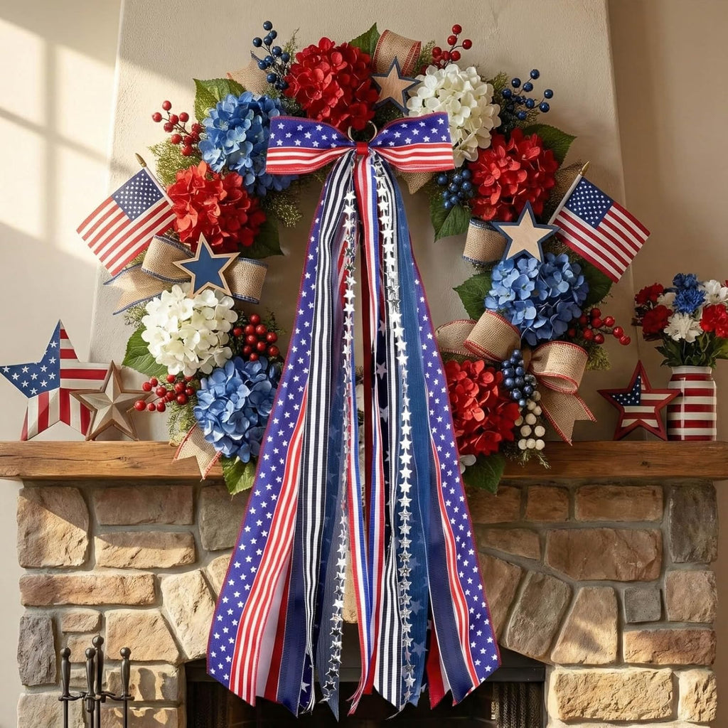 YKW Patriotic Wreath Sash - 27.5" Red, White & Blue Ribbon Bundle with Star Charm | 4th of July Decor