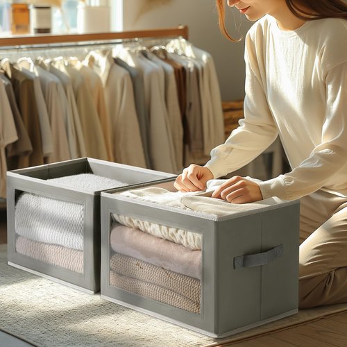 Homsorout Storage Box with Lids - 7 Pack Fabric Clear Window Storage Bins, Decorative Bins with Handles, Large Foldable Organizer for Clothes, Towel, Blanket, Sheet, Grey