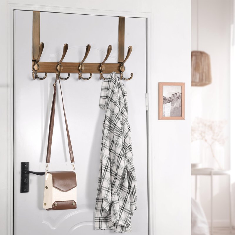 Dseap Over The Door Hook Hanger - Fits 1 3/8" to 1 3/4" Standard Doors | 5 Tri Hooks Heavy Duty Towel/Coat Rack | Door Organizer for Clothes, Jackets, Hats, Towels, Antique Copper, Pack of 2