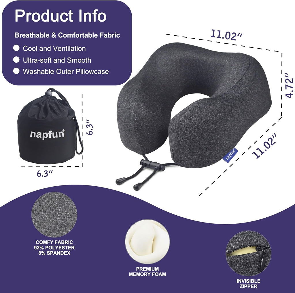Napfun Travel Neck Pillow - Upgraded 100% Pure Memory Foam for Comfortable Airplane Sleep | Full Black