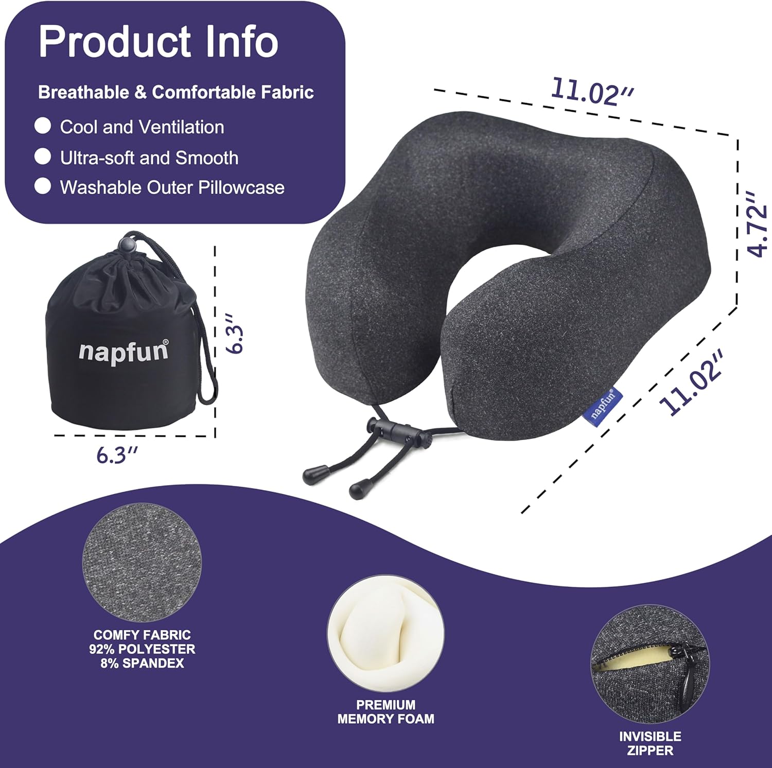 Napfun Travel Neck Pillow - Upgraded 100% Pure Memory Foam for Comfortable Airplane Sleep | Full Black