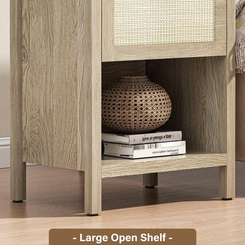 DEMEGA Rattan Night Stand Set of 2 Farmhouse Black Side Table with Drawer and Storage Shelf Boho Bedside Table for Bedroom End Tables (1, Light Oak)