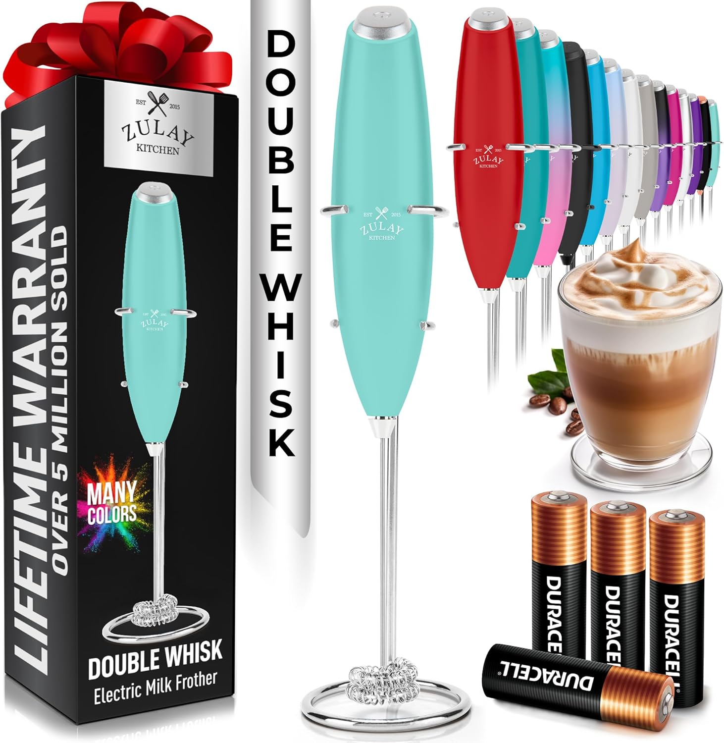Zulay Kitchen Milk Frother - Powerful Handheld Whisk for Coffee, Lattes & More | Includes 4 Duracell Batteries