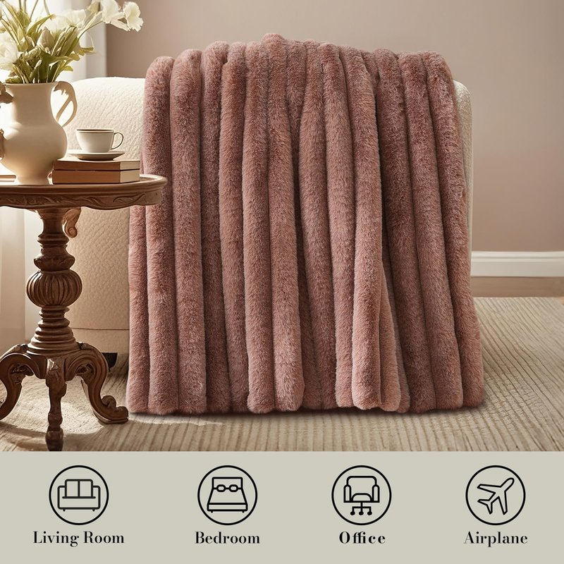 Amélie Home Luxury Striped Faux Fur Throw Blanket for Couch, Soft Cozy Fuzzy Fluffy Soft Plush Blankets Sofa Chair Gift Blankets for Women, 55"x70", Beige