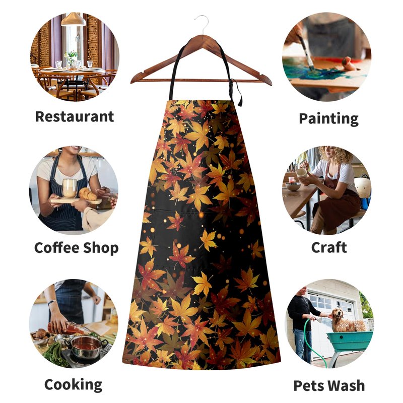 Kwlegh Fall Aprons for Adults Women Men Golden Red Maple Leaves Apron with Pockets Adjustable Strap Kitchen Chef Apron Black Cooking Apron for Cooking Barbecue Crafting Sewing