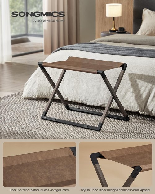 SONGMICS Luggage Rack, Foldable Suitcase Stand, Metal Luggage Holder, Synthetic Leather, Easy to Assemble, for Guest Room, Hotel, Bedroom, Walnut Brown and Ink Black URLR009K01