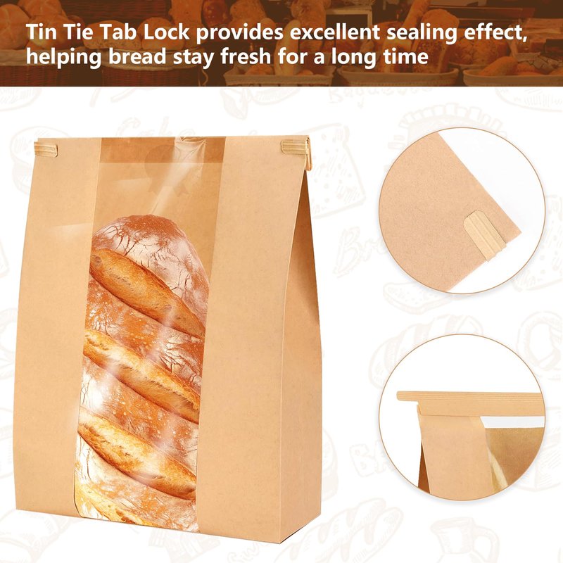 EUVBOKW 120 Pcs Bread Bags for Homemade Bread with Window and120 Sealing Stickers Sourdough Bread Bags for Storage of Bread 13.7x8.3x3.7 Inches Tin Tie Tab Lock Large Bakery Paper Bags