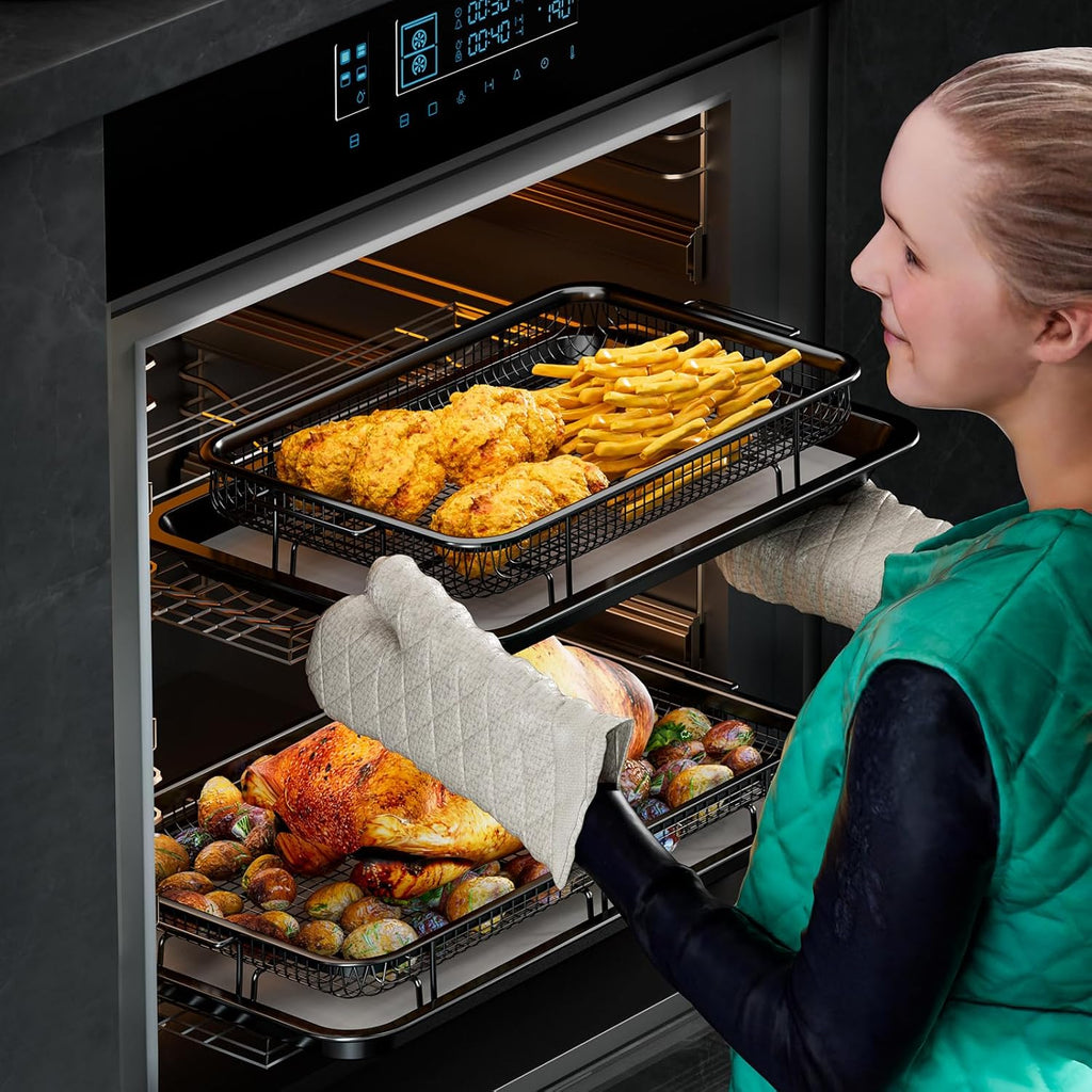 THORSES Air Fryer Basket - Large 15.7" x 11.6" Non-Stick Stainless Steel Tray with 30 Parchment Sheets - Black
