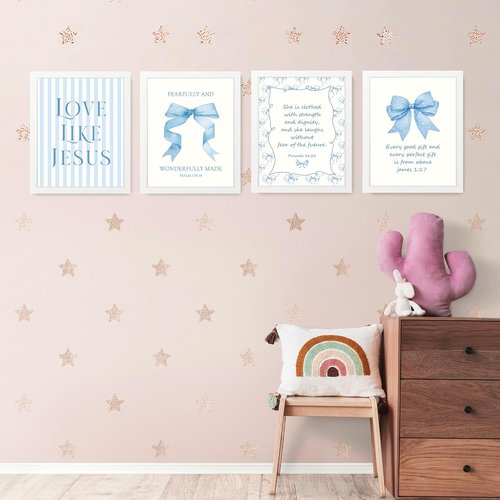 LARTSFRO Coquette Blue Bow Wall Art Decor - Inspirational Bible Verses | Set of 4 Framed 10x8 Inch Pictures for Teen Girls' Rooms