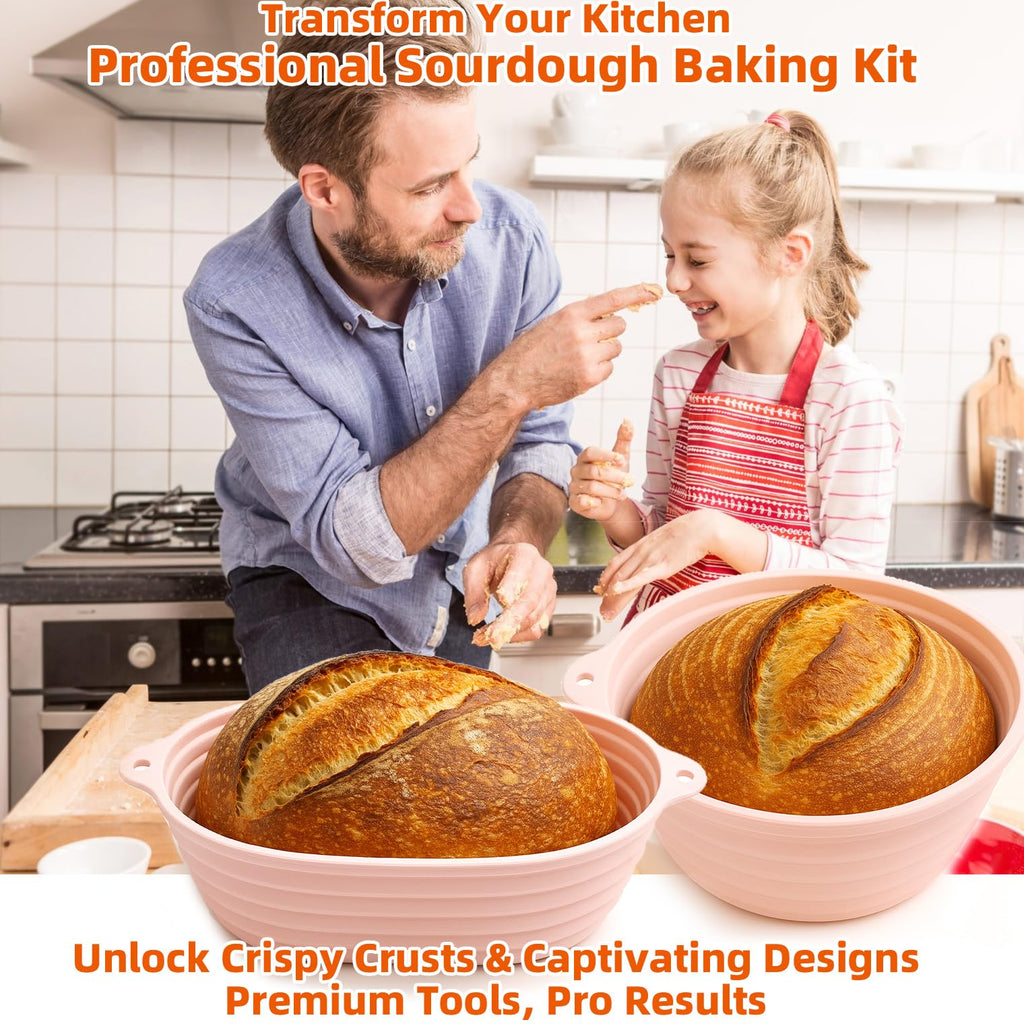 RAYFARMO Sourdough Starter Kit with 2 Silicone Bread Baskets (9" & 11") – Includes Bread Proofing Basket, Jar,Lame, Dough Scraper – Beginner Sourdough Baking Supplies