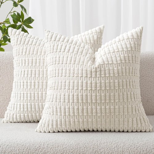 MIULEE Euro Sham Pillow Covers - Soft Boho Striped Corduroy | Set of 2, 24x24 Inch, Pure White