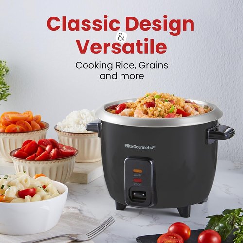 Elite Gourmet Electric Rice Cooker - Automatic Keep Warm Function, 6 Cups Cooked, Black