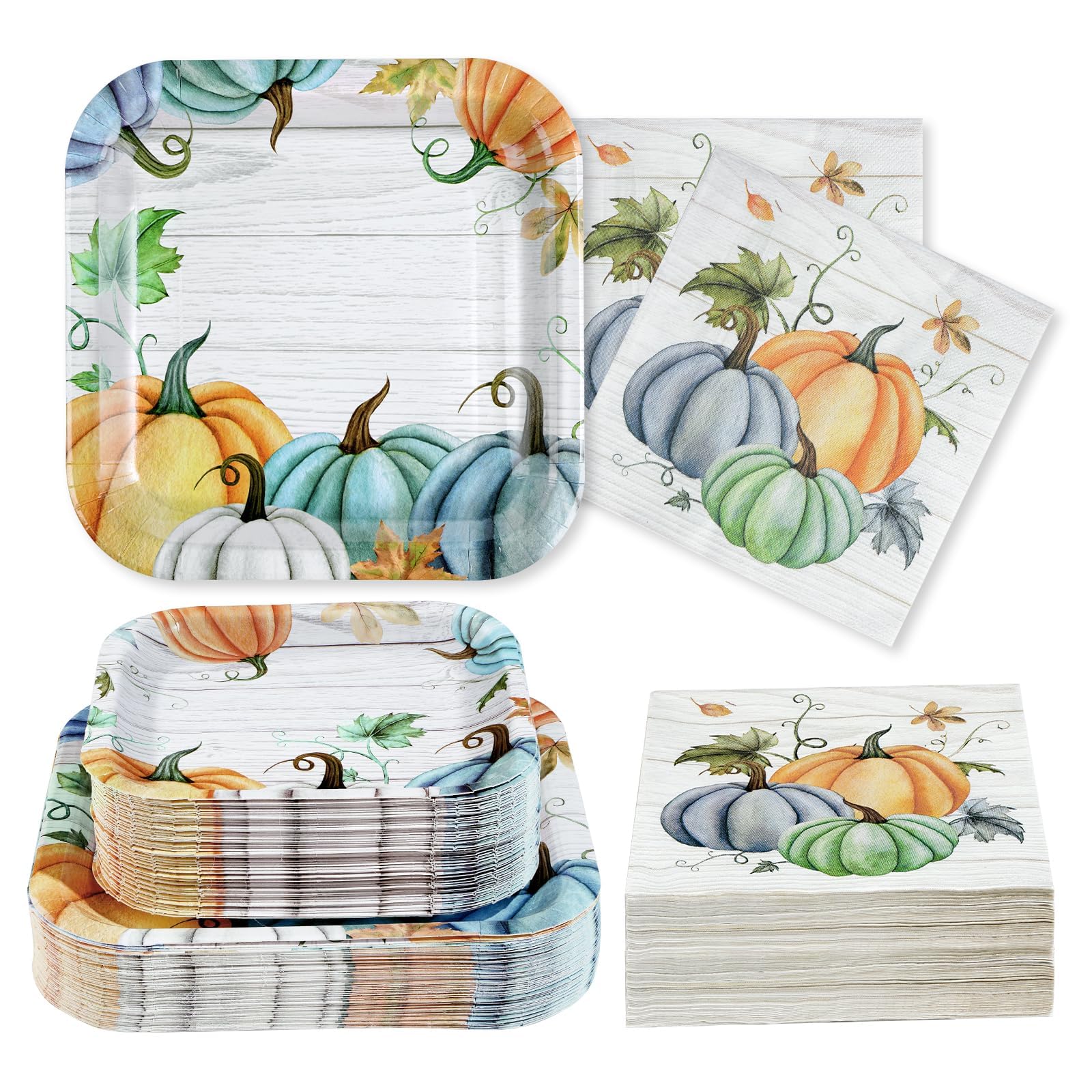 Grencian 200Pcs Fall Plates and Napkins Square Blue Pumpkins Plate Thanksgiving Paper Plates Pumpkin Wood Grain Dinnerware for Baby Shower Fall Harvest Family Thanksgiving Party Decorations, Serves 50