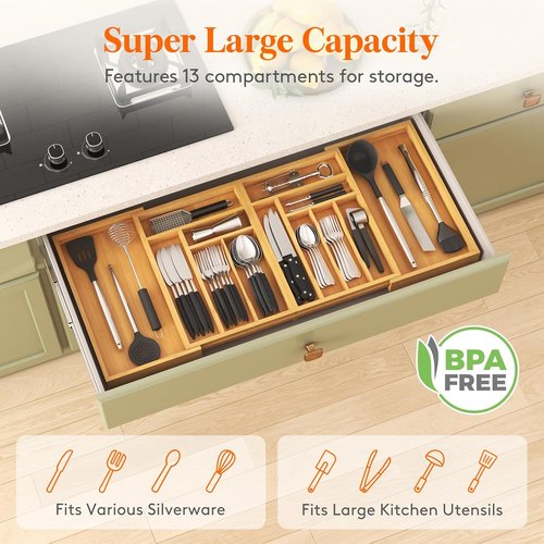 Lifewit Bamboo Silverware Drawer Organizer - Expandable 21.4 to 36 Inches | 13 Compartments for Utensils