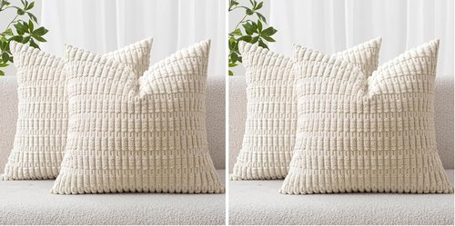 MIULEE Corduroy Throw Pillow Covers - Soft Boho Striped Design | 18x18 Inch Cream White Set of 4 for Modern Home Decor