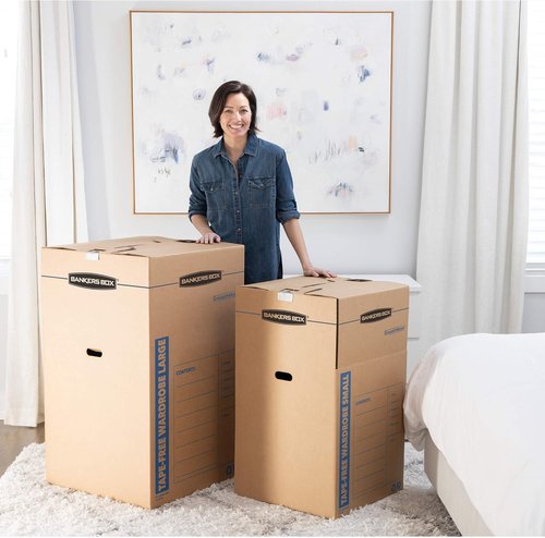 Bankers Box Tall Wardrobe Box - Tape-Free Design, 3 Pack, 24" x 24" x 40" for Easy Storage