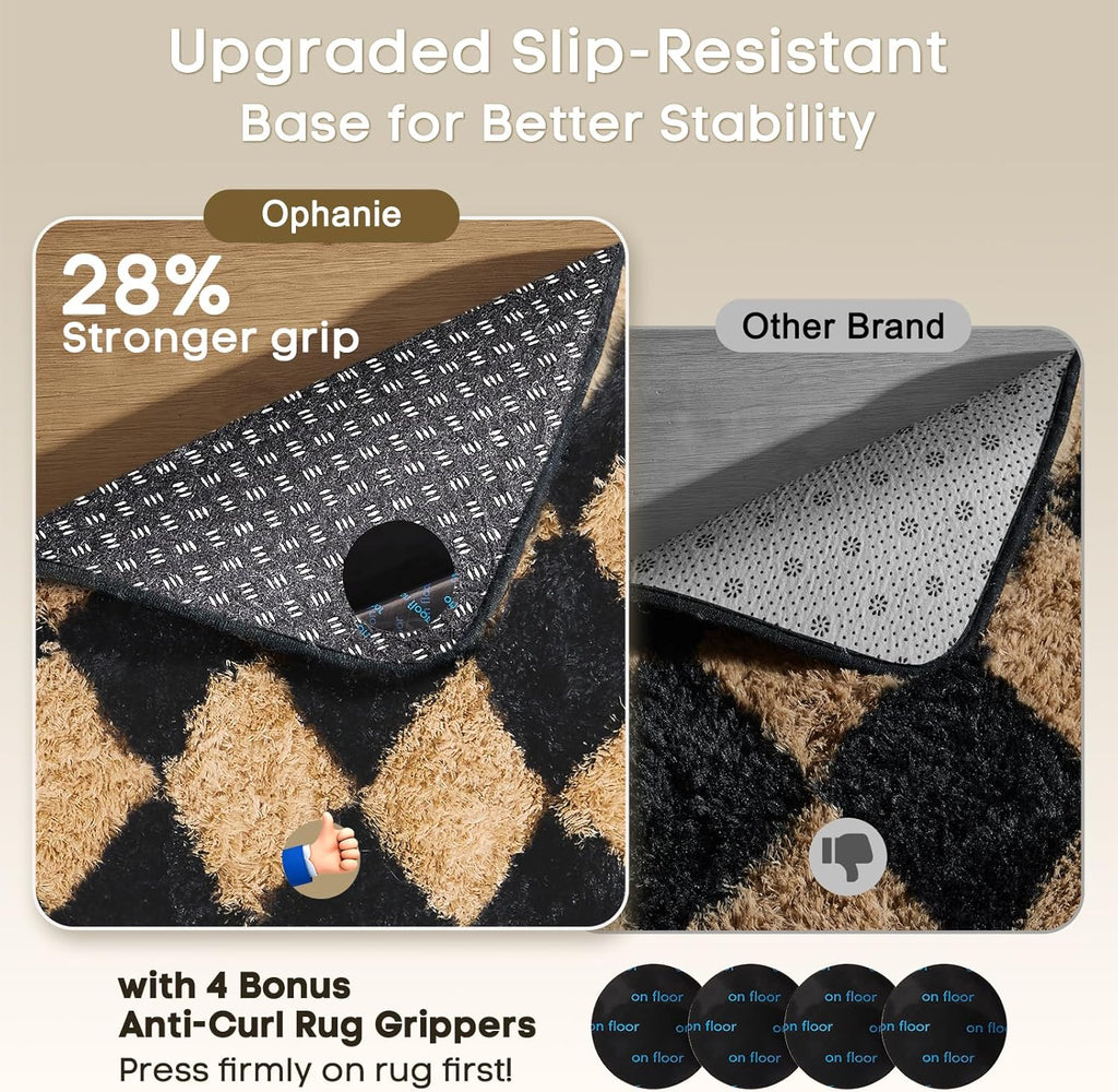 Ophanie Checkered Black & Beige Area Rug - Soft Fluffy Shaggy 4x6 Carpet for Living Room & Bedroom Decor