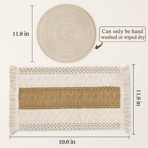Placemats Set of 6 - Natural Cotton Burlap Table Mats and Braided Round Place Mats, Heat Resistant Mats for Dining Table, Kitchen, or Farmhouse Decoration, Doho Placemats