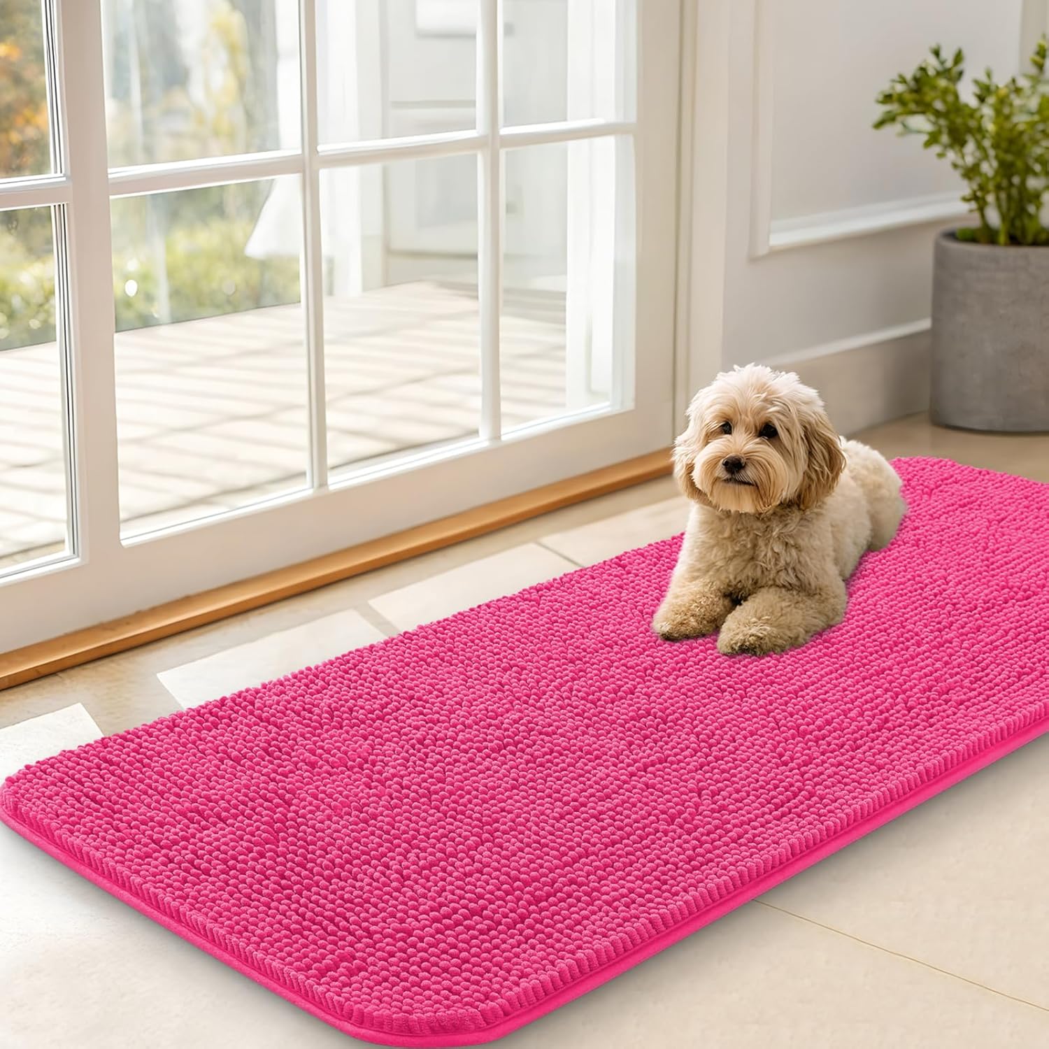 OLANLY Dog Door Mat - Absorbent Non-Slip Washable Chenille Mat for Muddy Paws | 47x20, Hot Pink