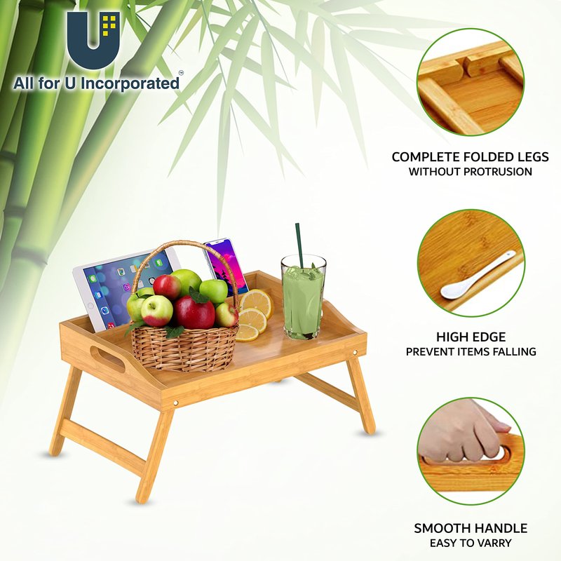 Bamboo Bed Tray with Folding Legs, Portable Serving Tray for Breakfast in Bed, Reading, Working or Picnics (Large)