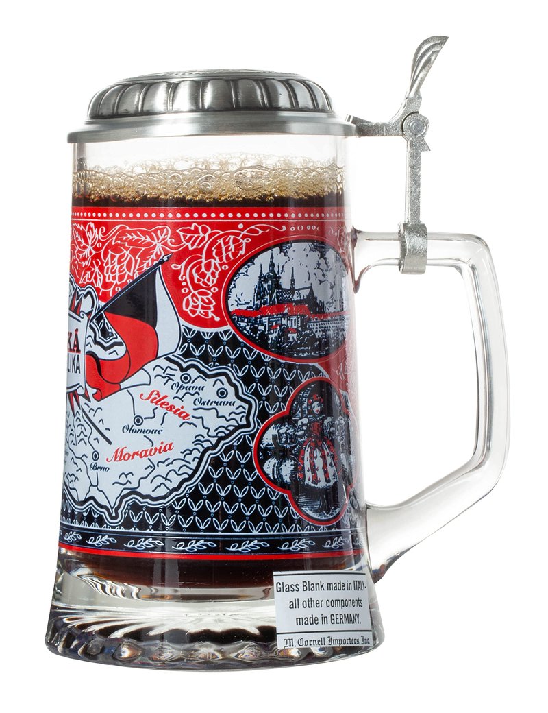 Czech Republik Heritage Flag & Map Glass Beer Stein with Metal Lid and Thumb Lift